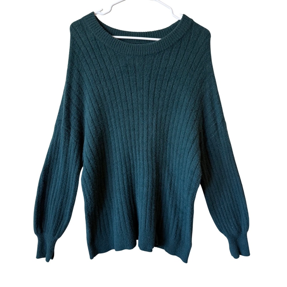 Aerie Womens Sweater S Green Ribbed Knit Balloon Sleeve Thumbhole Slit Crewneck